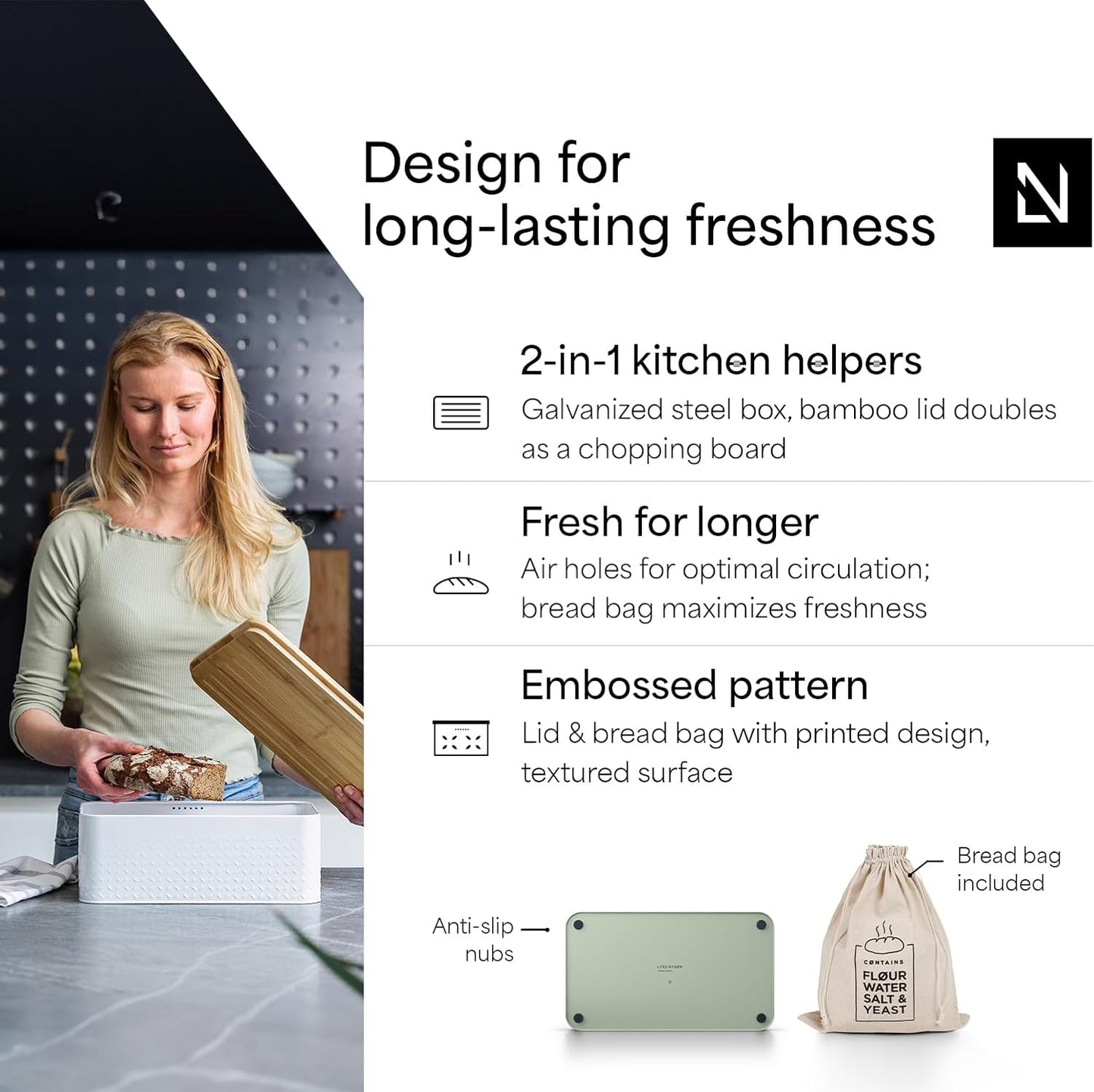 LARS NYSØM Bread Box I Metal Box with linen bag for long lasting freshness I Bread Bin with bamboo lid usable as cutting board I 13.4x7.3x5.3In (Sage Green)