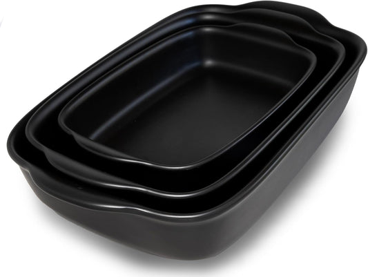 Saffron & Sage Casserole Dish Set of 3 - Baking Dishes for Oven, Contemporary Black Ceramic Baking Dish Set, Heavy Duty Bakeware, Up to 500° High Heat Resistant, Dishwasher, Freezer and Food Safe