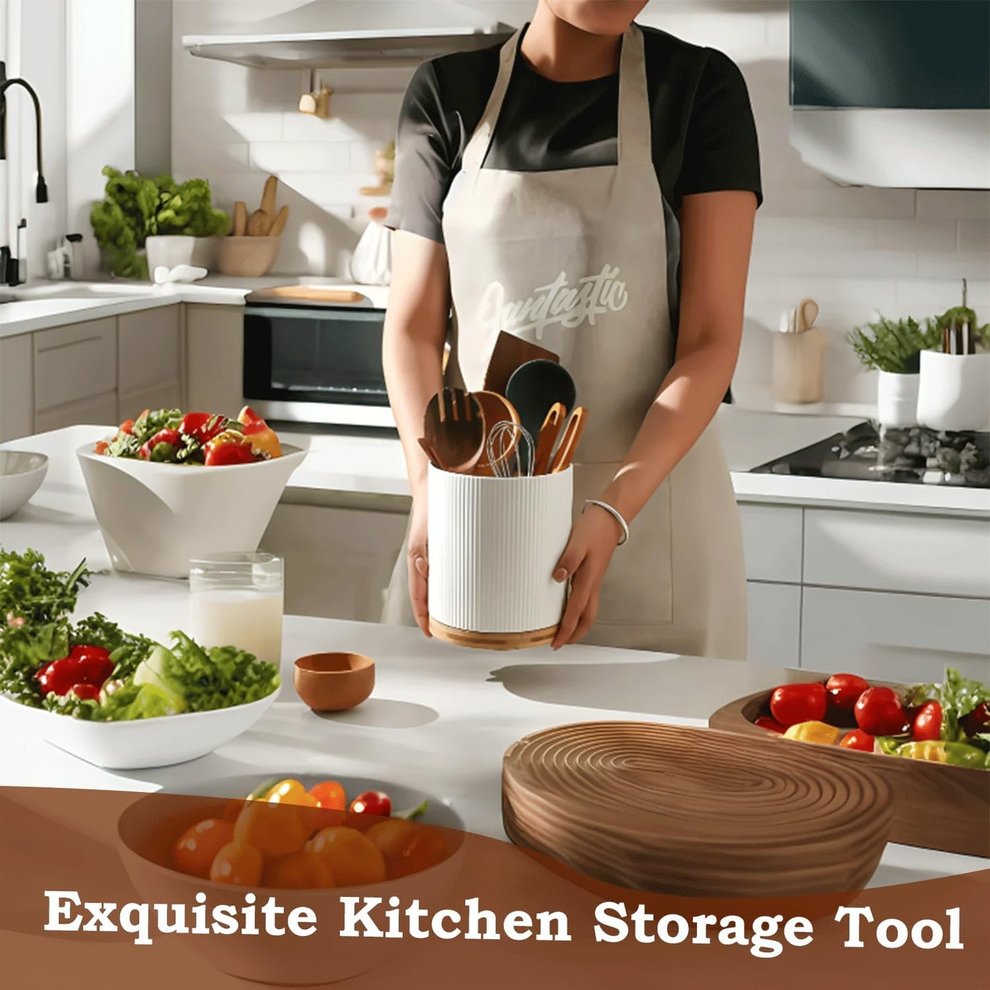 Utensils Holder 360° Rotating Ceramic Kitchen Utensils Holder for Countertop, Utensil Crock for Farmhouse Kitchen Décor, Rotatable & Detachable Wooden Base [White]