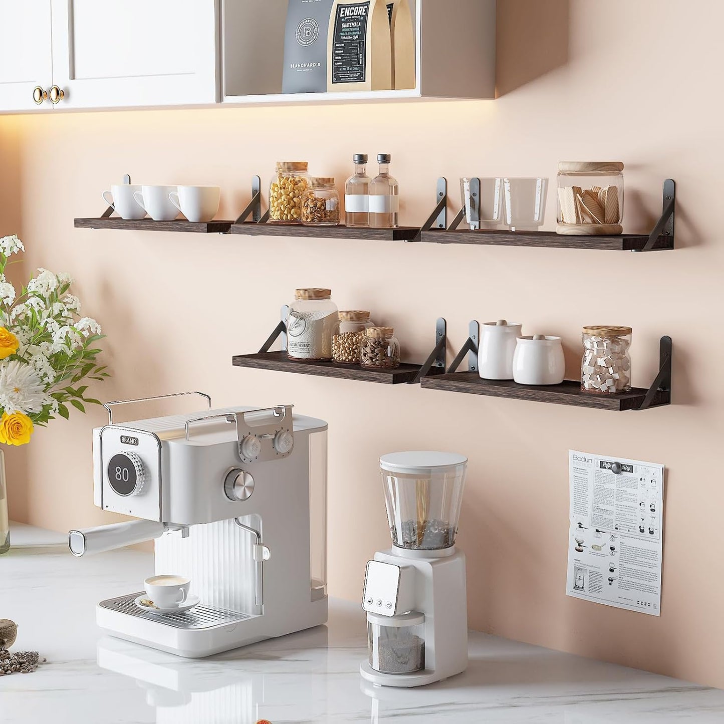 YGEOMER 16.5 Inch Floating Shelves for Wall, Farmhouse Wall Shelves for Bedroom, Bathroom Storage, Living Room and Kitchen Decor (Set of 6 Brown)