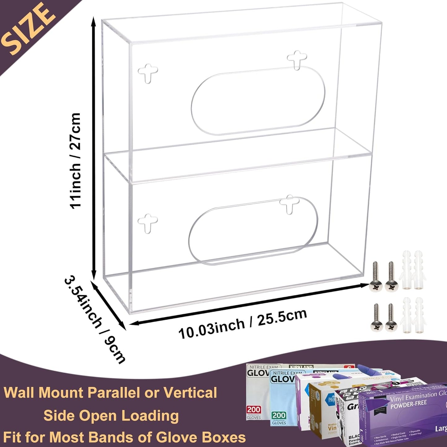Glove Box Holder Dispenser Acrylic Double Side Loaded Clear Rack Storage Organizer for Medical, Latex, Rubber, Nitrile, Exam, Disposable Glove Boxes and Face Mask Holder Standing or Wall Mount