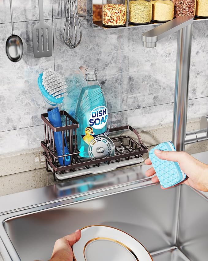 Consumest Sink Caddy Kitchen Organizer, Sponge Holder for Kitchen Sink with Removable Drip Tray for Countertop Dish Soap Holder Dispenser Brush Holder, 304 Stainless Steel - Bronze