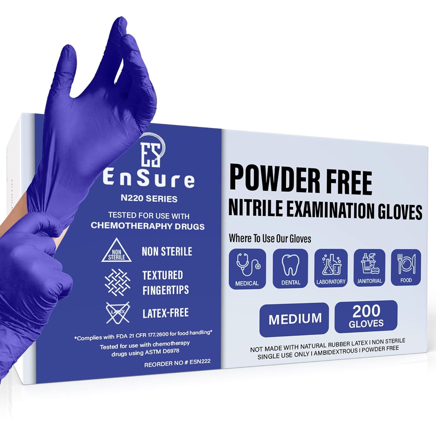 EnSure Nitrile Exam Gloves, Powder-Free, Latex-Free, Chemo Rated, Non-Sterile, Light Duty, Textured Tips, Medical, Surgical, Food Safe, Cleaning, Dental, Lab Use - 3 Mil (Medium, 200 Count)