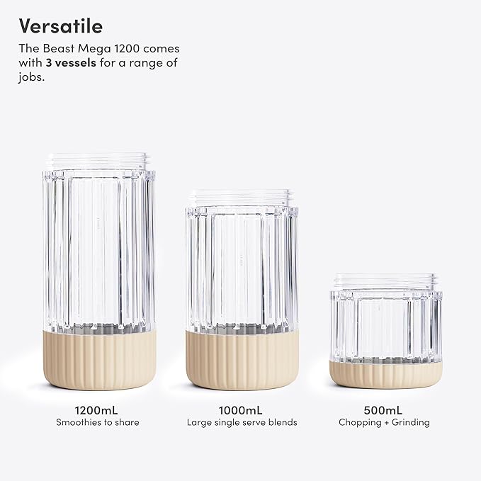 Beast Mega 1200 Plus | Premium Countertop Blender | Smoothies, Shakes, Sauces, Dips, Soups | Blends Ice and Frozen Fruit | XL Vessel | With Extra Vessels, Straw System | 1200W | (Sand, 120V)