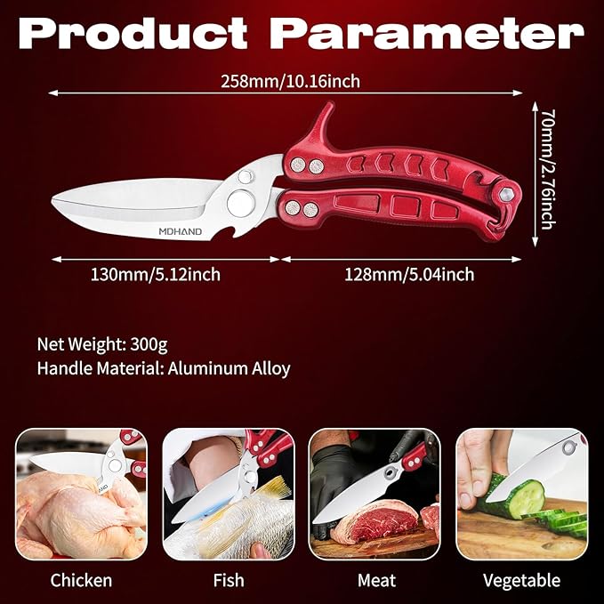 MDHAND Kitchen Shears - Heavy Duty Poultry Shears for Chicken Turkey Fish Fruit Vegetables and Meat Cutting - Stainless Steel Dishwasher Safe Food Kitchen Scissors with Anti-Slip Handle & Safety Lock
