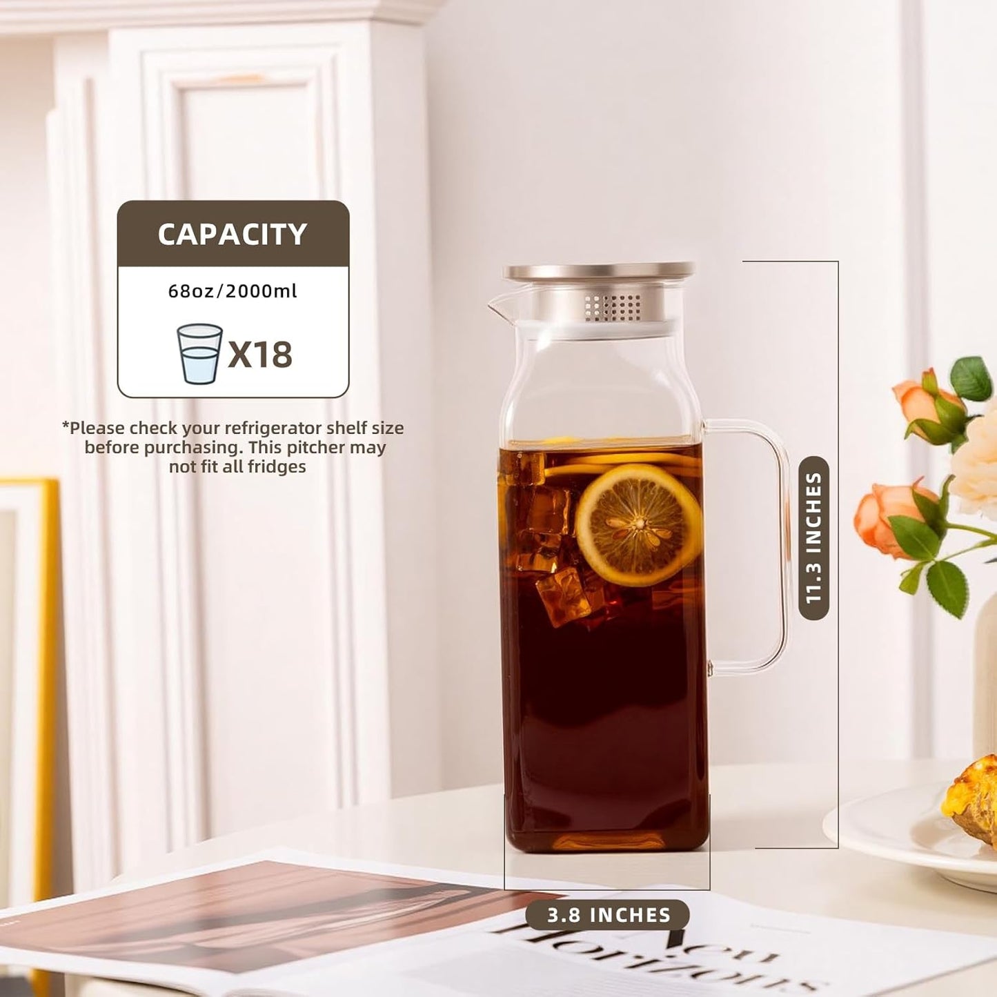 Glass Water Pitcher with Lid and Spout, 2L/68 Ounces Heat Resistant Borosilicate Glass Carafe, Temperature Safe