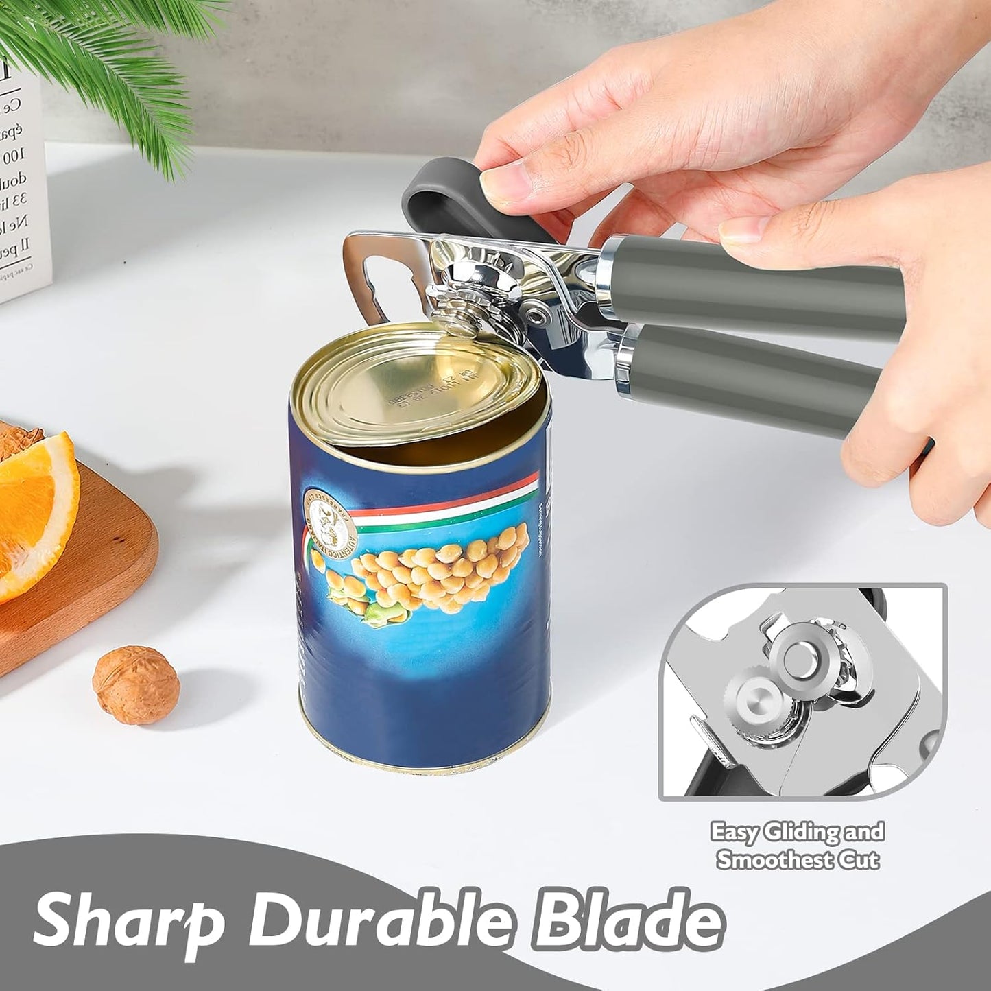 10 Colors Can Opener Manual Handheld Heavy Duty Hand Can Opener Smooth Edge Stainless Steel Can Openers Top Lid Kitchen Gadgets, Best Large Rated Easy Turn Knob, with Bottle Opener, Gray