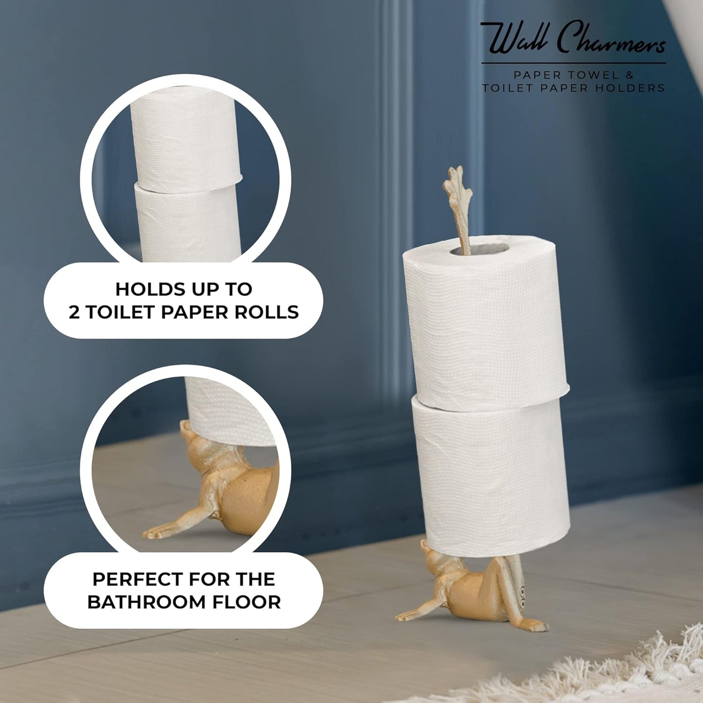 WallCharmers Gold Paper Towel Holder, Metal Toilet or Kitchen Paper Holder for Floor or Countertop, Gold Frog