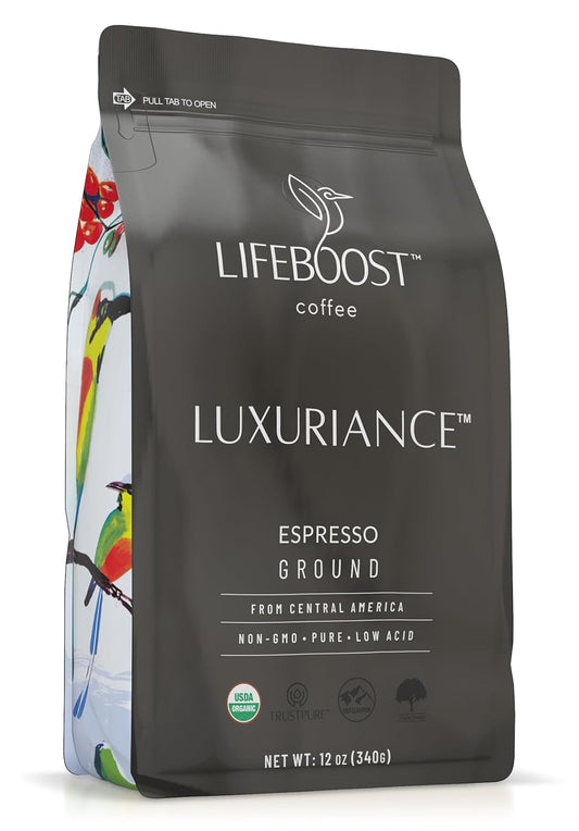 Lifeboost Organic Espresso Ground Coffee - Non-GMO Low Acid Single Origin USDA Shade Grown Organic Espresso Coffee - Third Party Tested For Mycotoxins & Pesticides 12oz Bag