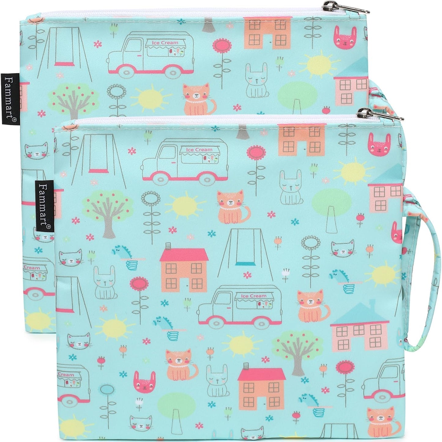 Reusable Sandwich Bag/Snack Bag for Kids & Adults, Dual Layer Lunch Bag with Handle, Washable, Food Safe, BPA Free (2-Pack, Colorful Cat)