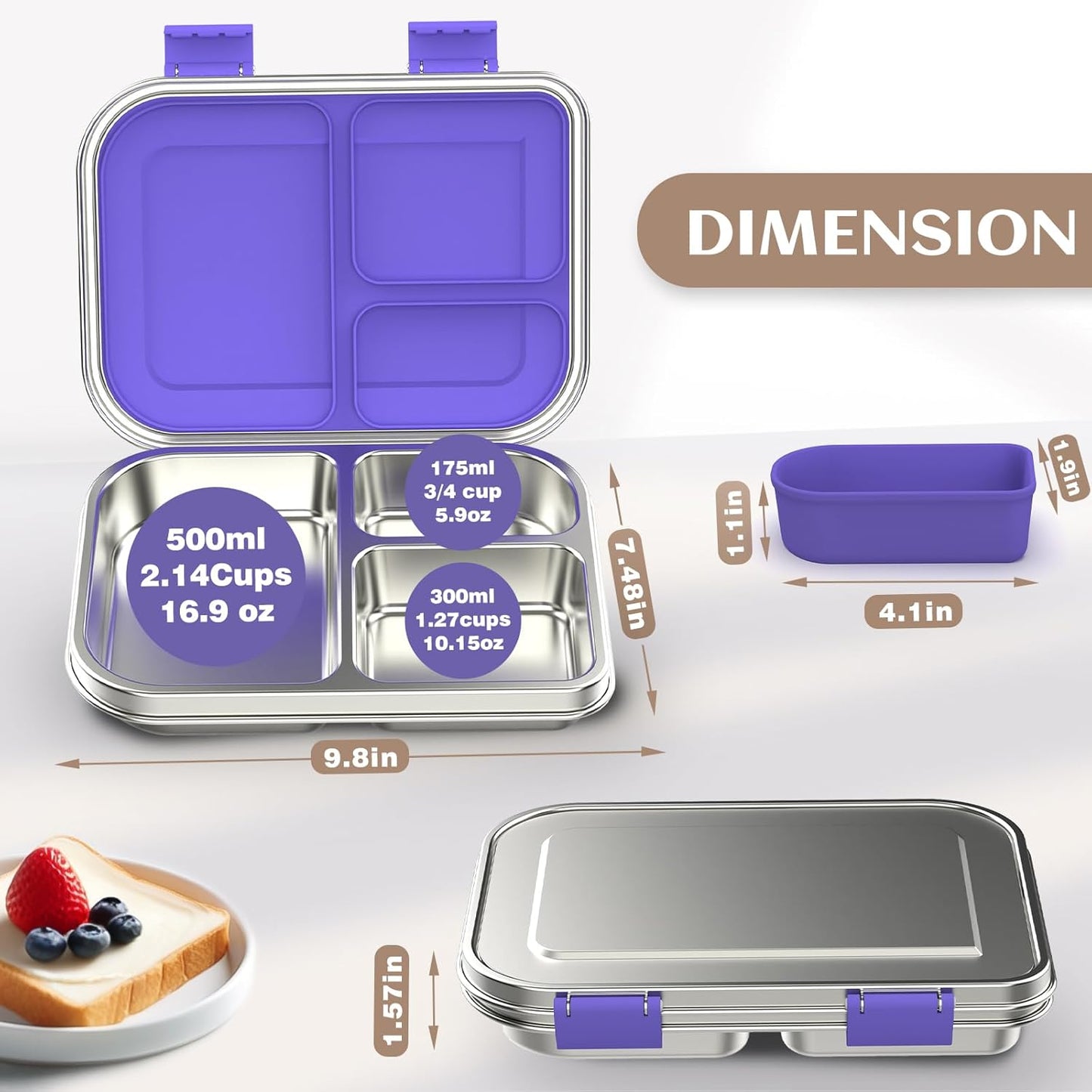 Stainless Steel Bento Box Kids, 3 Compartments Leak Proof Metal Bento Lunch Box, 304 Stainless Steel Bento Lunch Containers for School and Office,Dishwasher Safe, BPA-Free-Purple