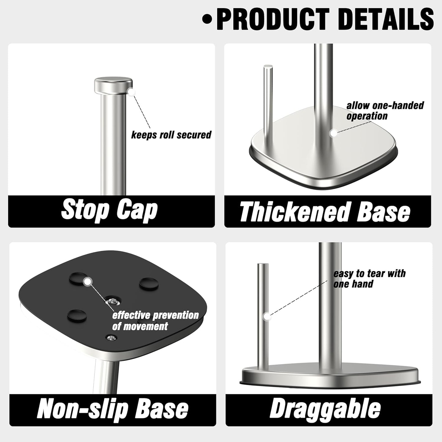 Paper Towel Holder Countertop, Standing Paper Towel Roll Holder for Kitchen Bathroom Organize, Stand with Weighted Base Suction Cups, Stainless Steel One-Handed Operation (Brushed Nickel)