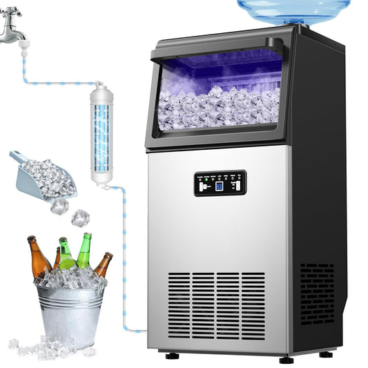 Commercial Ice Maker Machine 100LBS/24H with 20LBS Ice Storage, Stainless Steel Freestanding/Undercounter Ice Machine 36Pcs Ice with Two Water Inlet Modes Self-Cleaning for Homes Restaurants Bars
