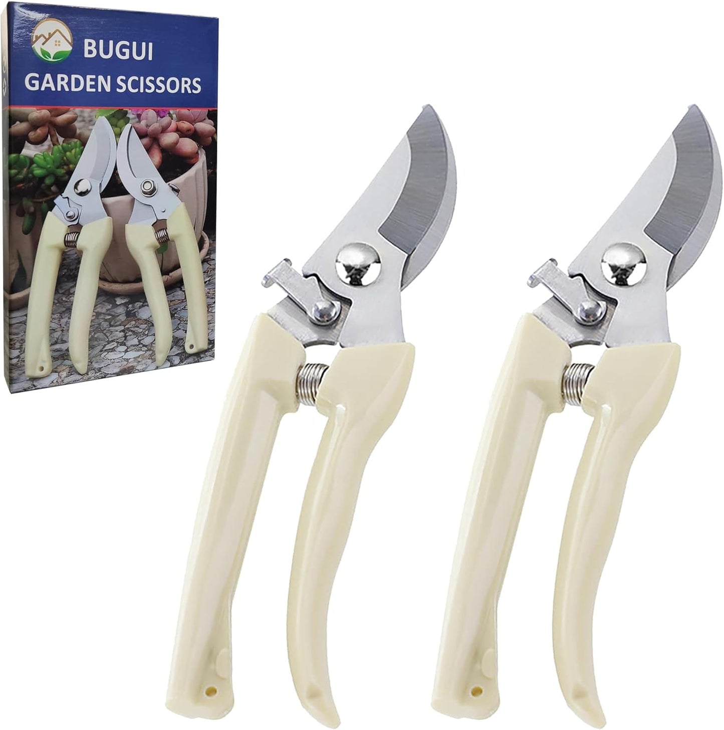 BUGUI Bypass Garden Pruning Shears - 2 Pack, Ultra Lightweight Hand Pruners Make Cut Smooth & Clean, Professional Gardening Scissors for Cutting Live Flowers, Plants, Light Branches