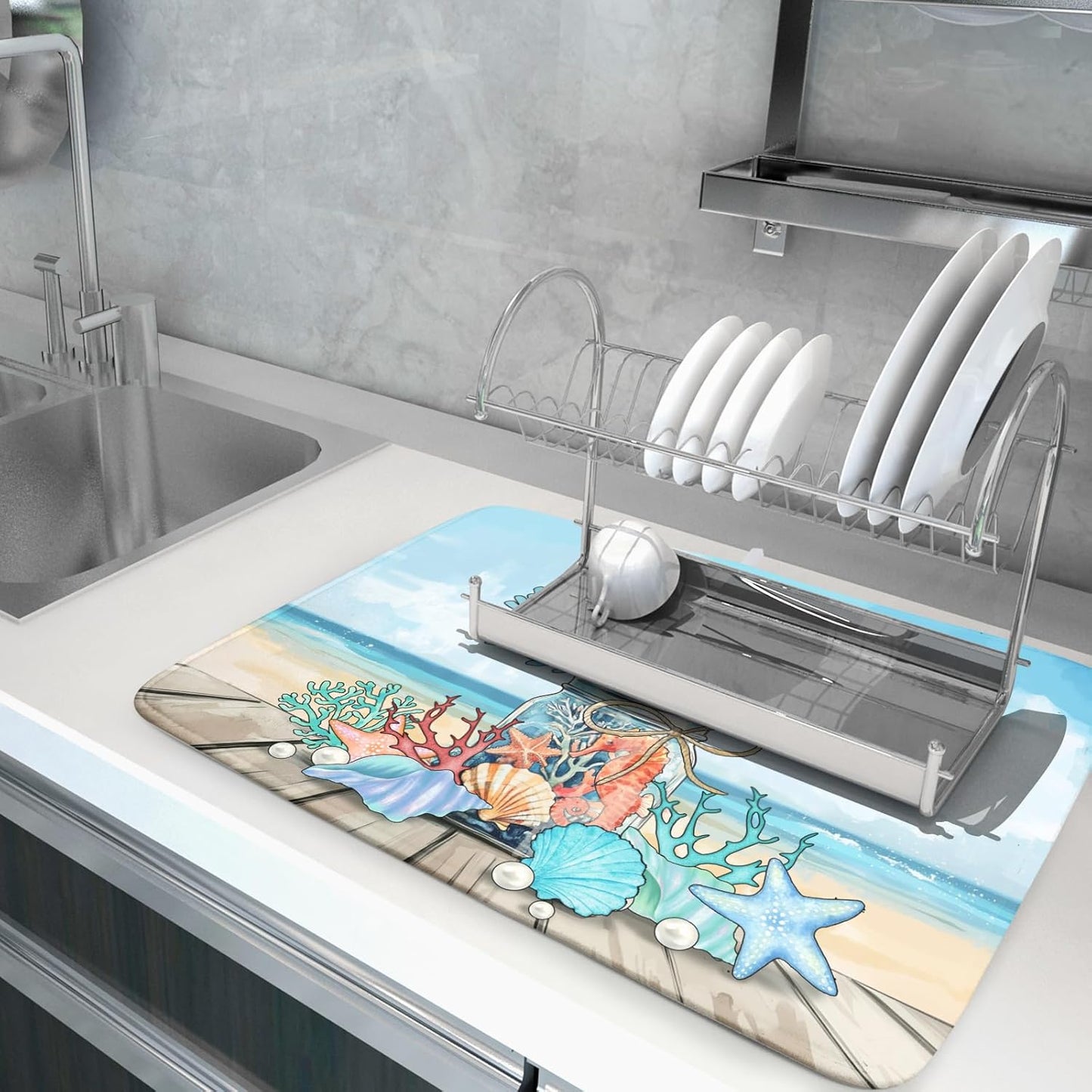 Coastal Coral Dish Drying Mat 18x24 inch Starfish Shell Fast Dry Microfiber Dish Rack Mats Drainer Pad for Countertop Kitchen Table Decor