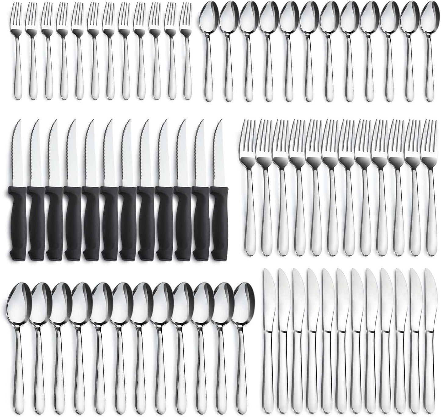 Pleafind 72-Pieces Silverware Set for 12, Flatware Set with Steak Knives, Stainless Steel Cutlery Set, Include Forks Spoons and Knives Set, Dishwasher Safe Utensil Sets for Home Restaurant