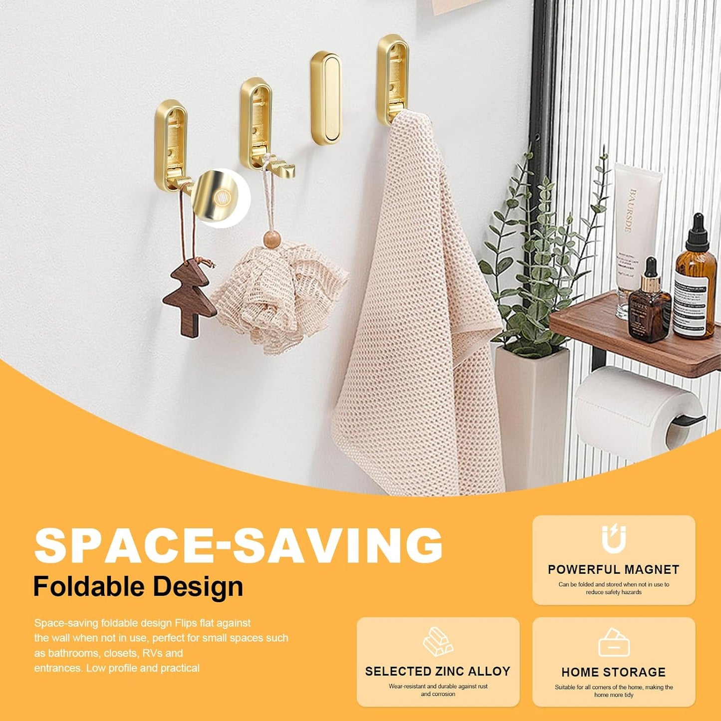 Heavy Duty Gold Folding Wall Hooks 2 Pack, Space Saving Foldable Coat Hooks for Bathroom, Closet, Entryway, Kitchen, Towel, Robe, Bag, Hat Hanging, Easy Mount, Zinc Alloy, Corrosion-Resistant ﻿