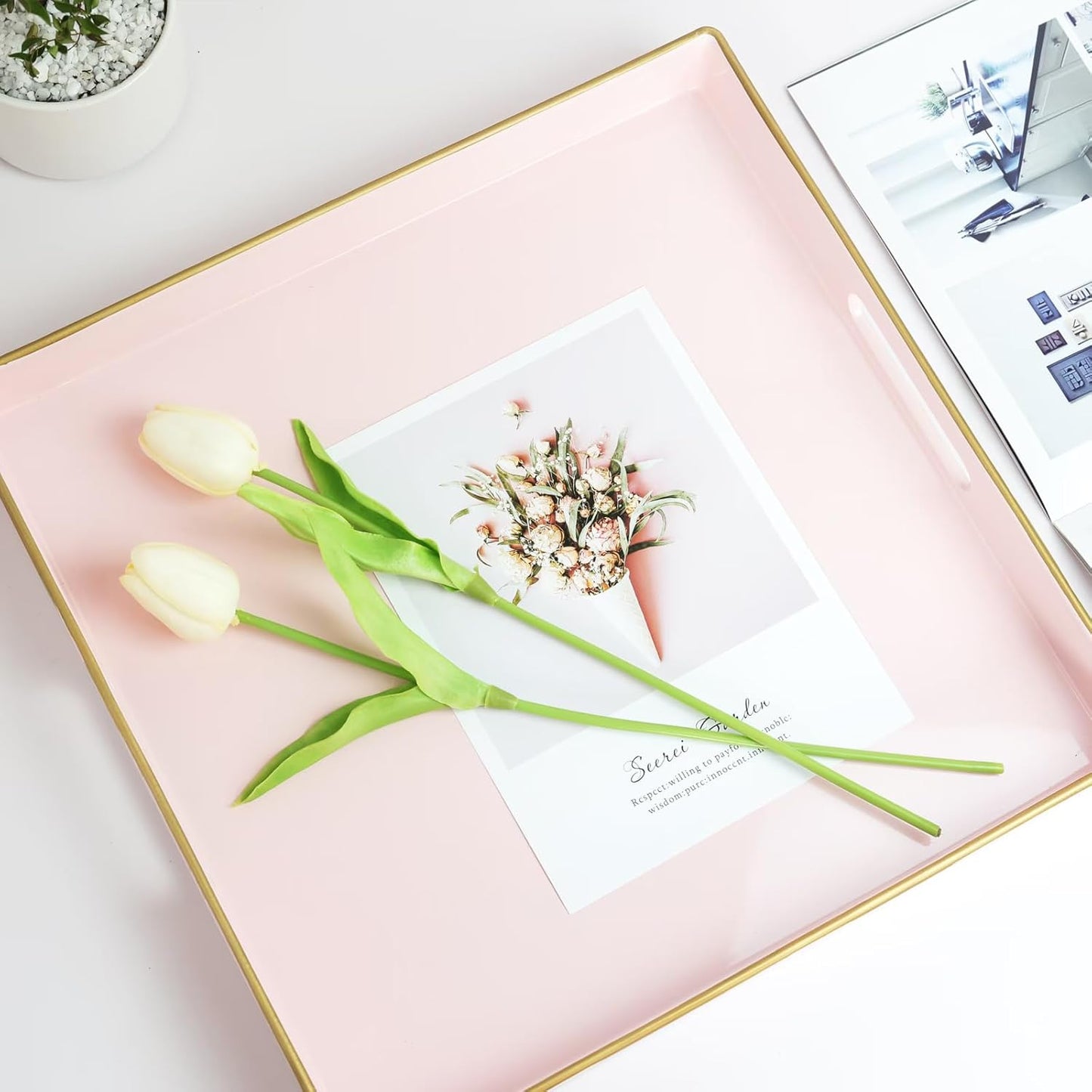 Spsyrine Pink Decorative Serving Tray with Handles, 13" X 13" Square Plastic Coffee Table Tray for Ottoman, Living Room, Bathroom, Home Decor.