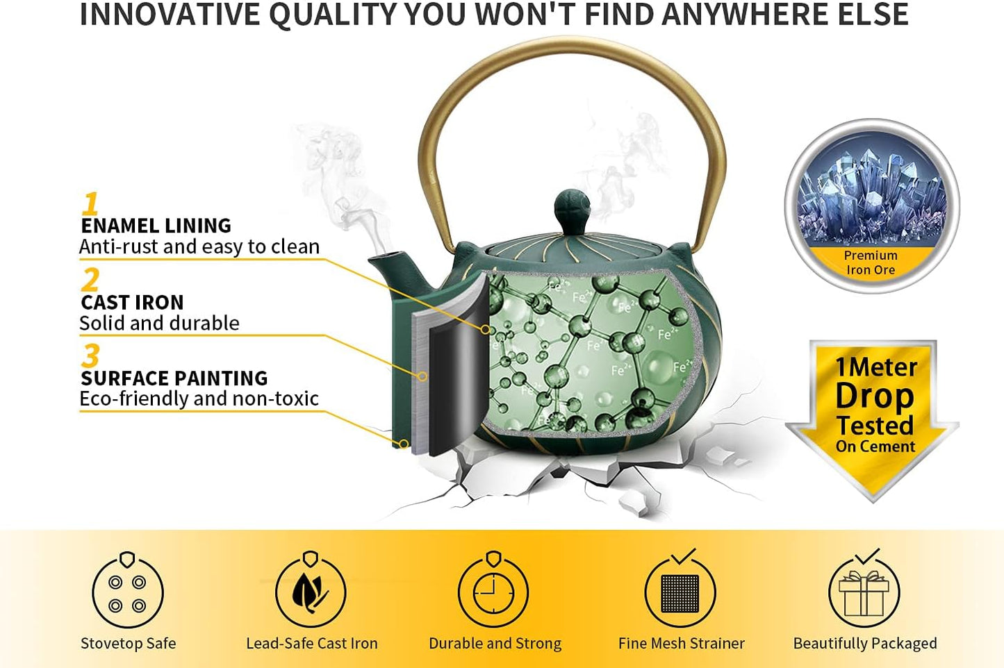 TOPTIER Japanese Cast Iron Teapot with Infuser, Stovetop Safe Teakettle, Wave Design, Enameled Interior, 30 oz (900 ml), Green