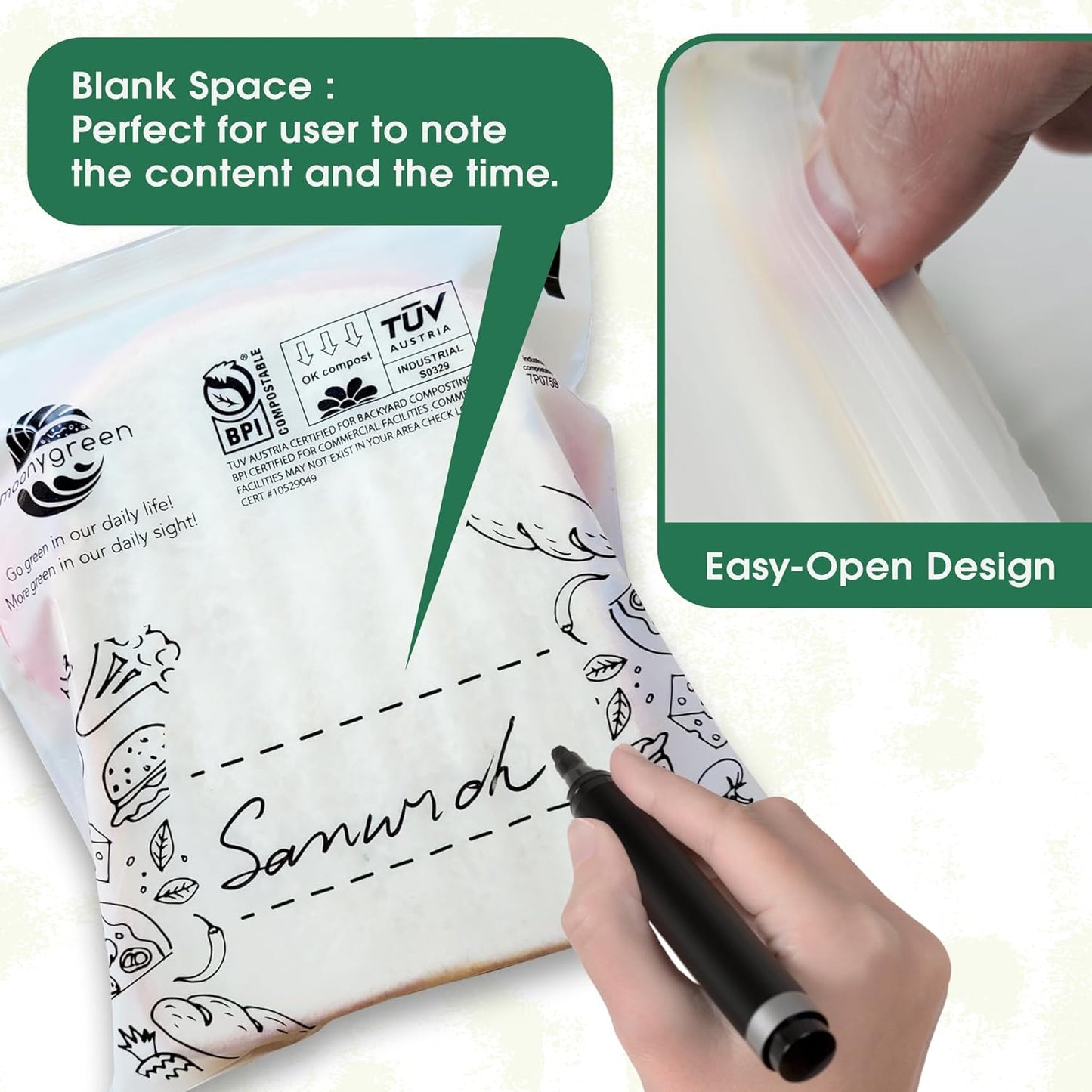 Compostable Food Storage Bags, Resealable, 50 Snack, 50 Sandwich, 30 Quart, 30 Gallon, Extra Thick, Certified US BPI ASTM D6400 Europe OK Compost