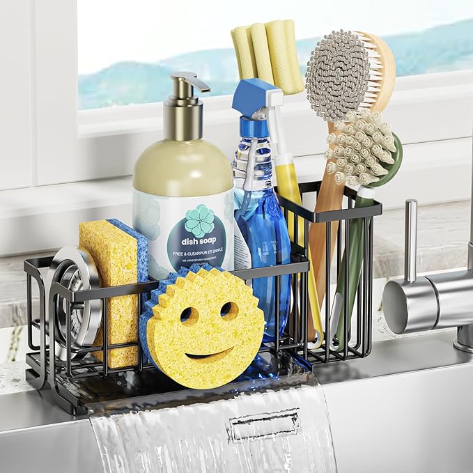 Epicano Sink Caddy Sponge Holder, Smiley Face Sponge Rack with High Brush Holder,Rustproof Kitchen Countertop Organizer,Kitchen Gadgets Sink Accessories, 7.6" x 6.3" x 4.1", Black