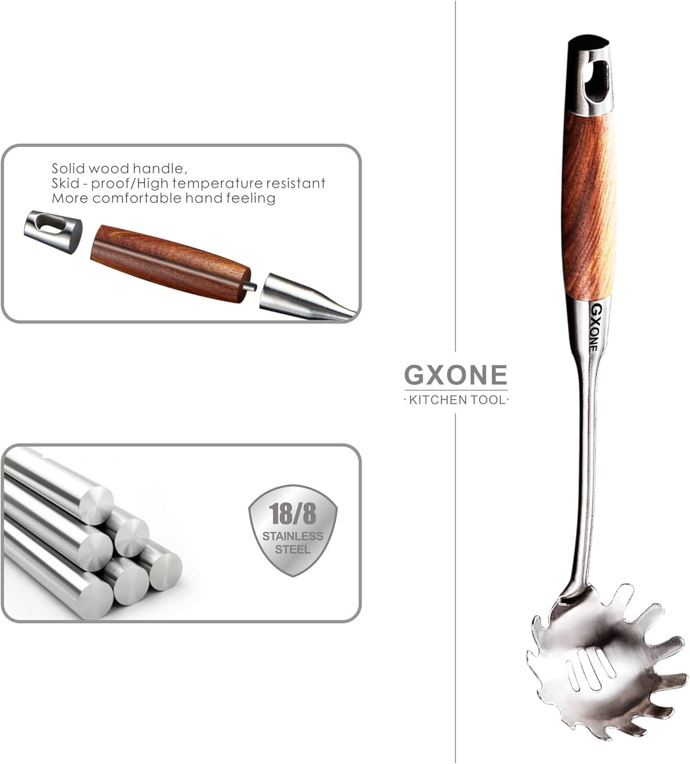 Spaghetti Spoon,304 Stainless Steel Pasta Spoon with Heat Resistant Wooden Handle,Silver/14.2Inch