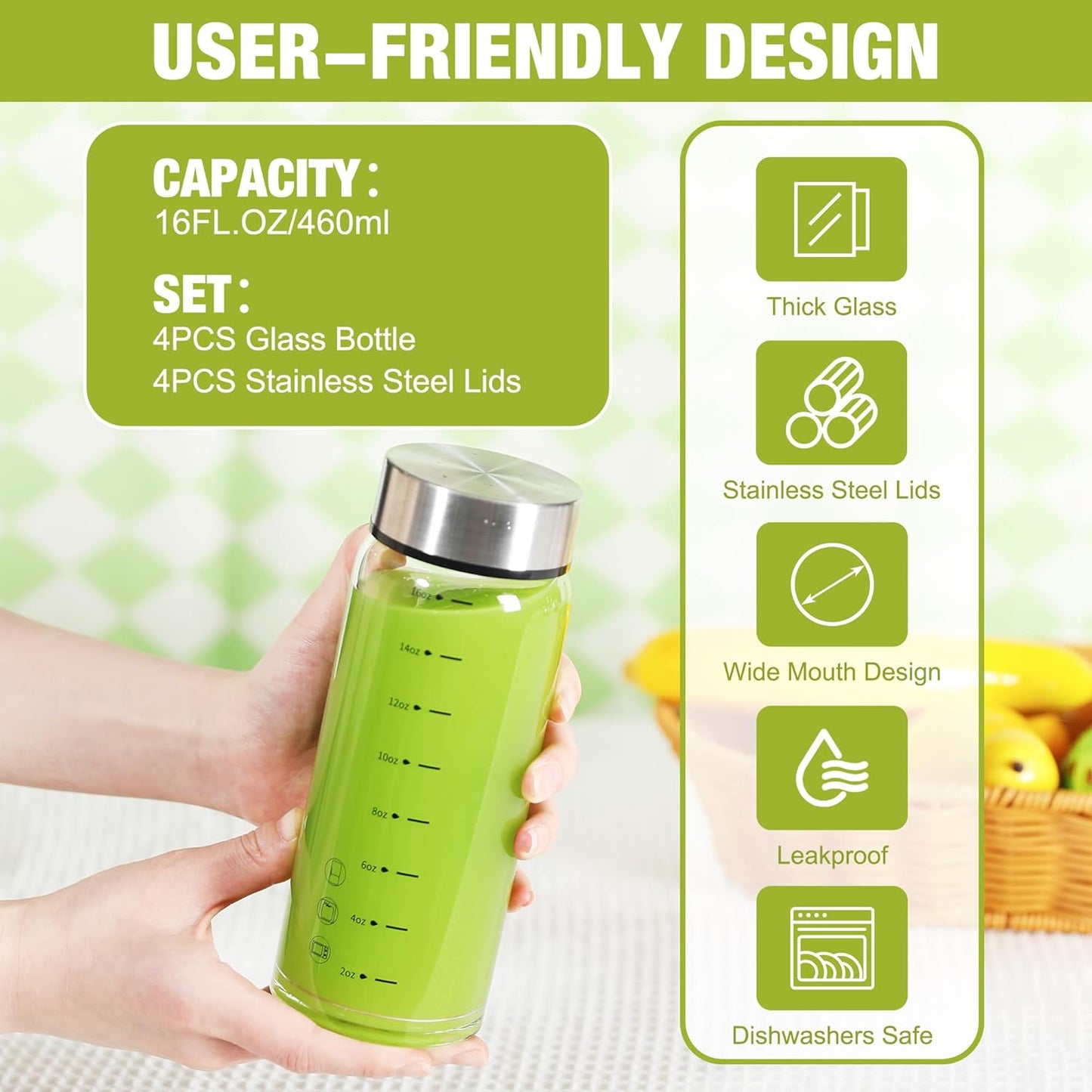 16oz Glass Juice Bottles – 4 Pack Reusable Wide Mouth Bottles with Stainless Steel Lids & Cleaning Brush, BPA-Free Water Bottles for Juicing, Smoothies, Milk, and Protein (480ml)