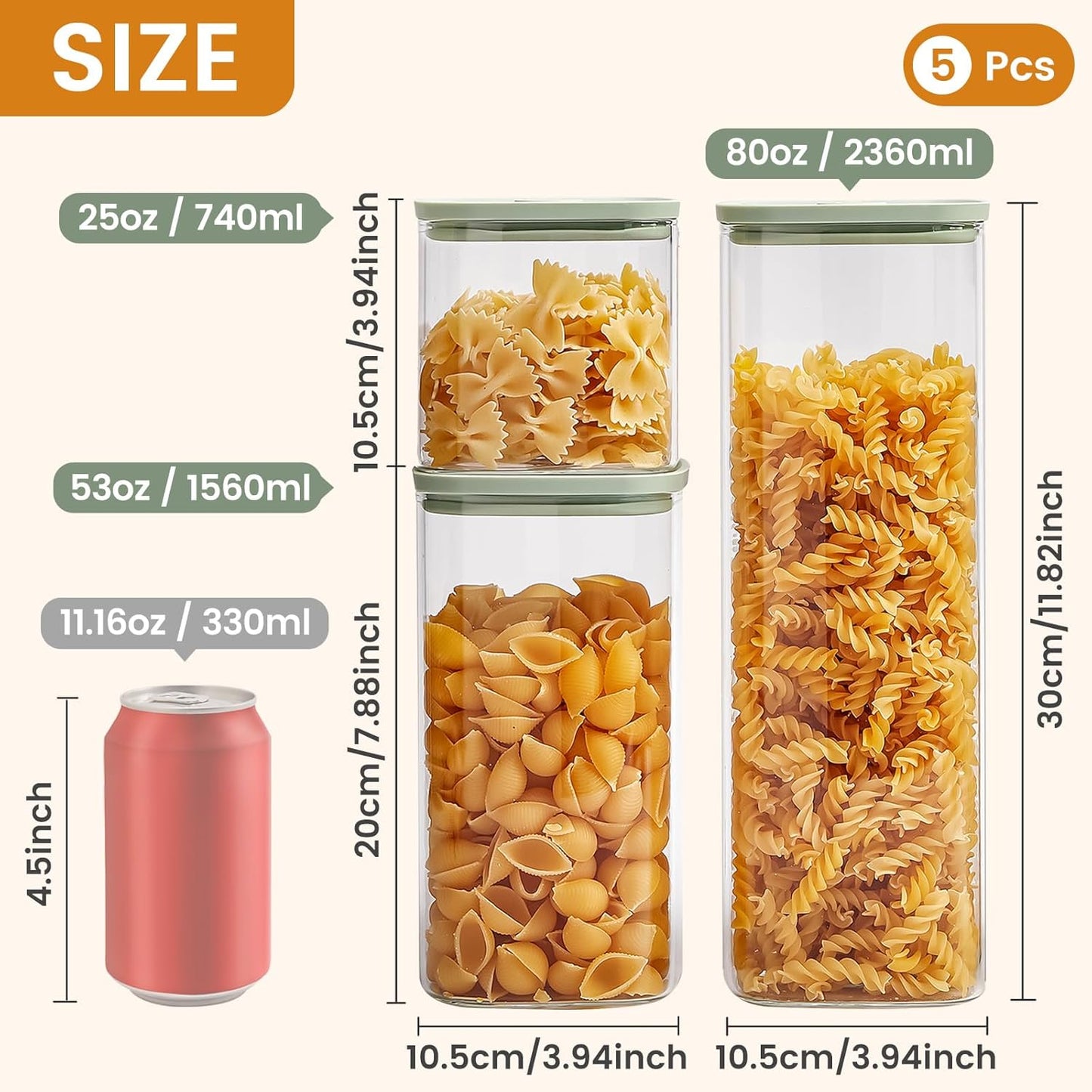 Square Glass Food Storage Jars with Lids[Set of 5], Perfect for Pasta, Cookies, Nuts, Coffee, Cereal, Flour,Organize Your Kitchen with these BPA-Free Glass Jars with Silicone Lids