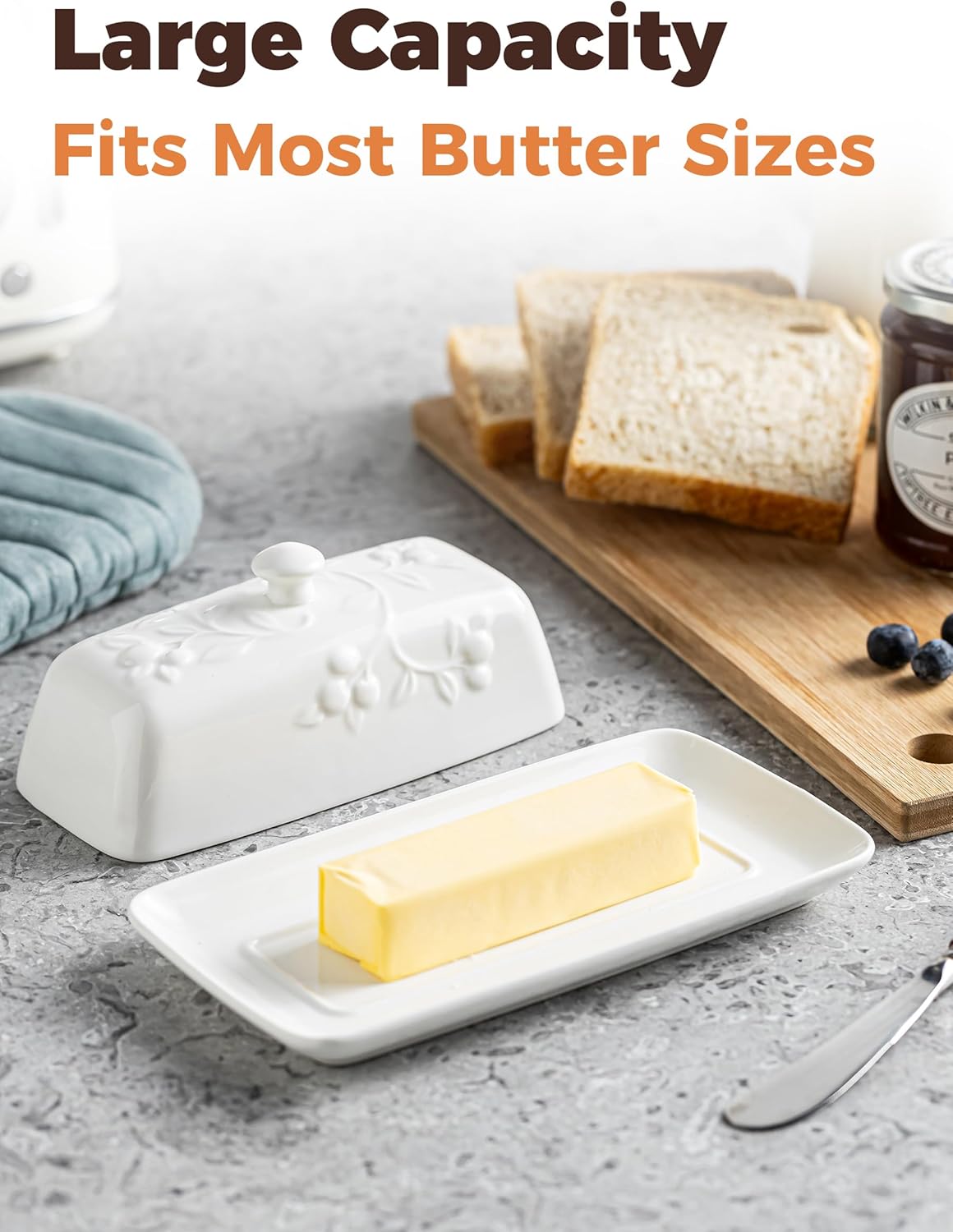 Butter Dish with Lid for Countertop, Ceramic Butter Dish with Knob Handle, Large Butter Holder Container for East West Coast Butter Storage, Cherry