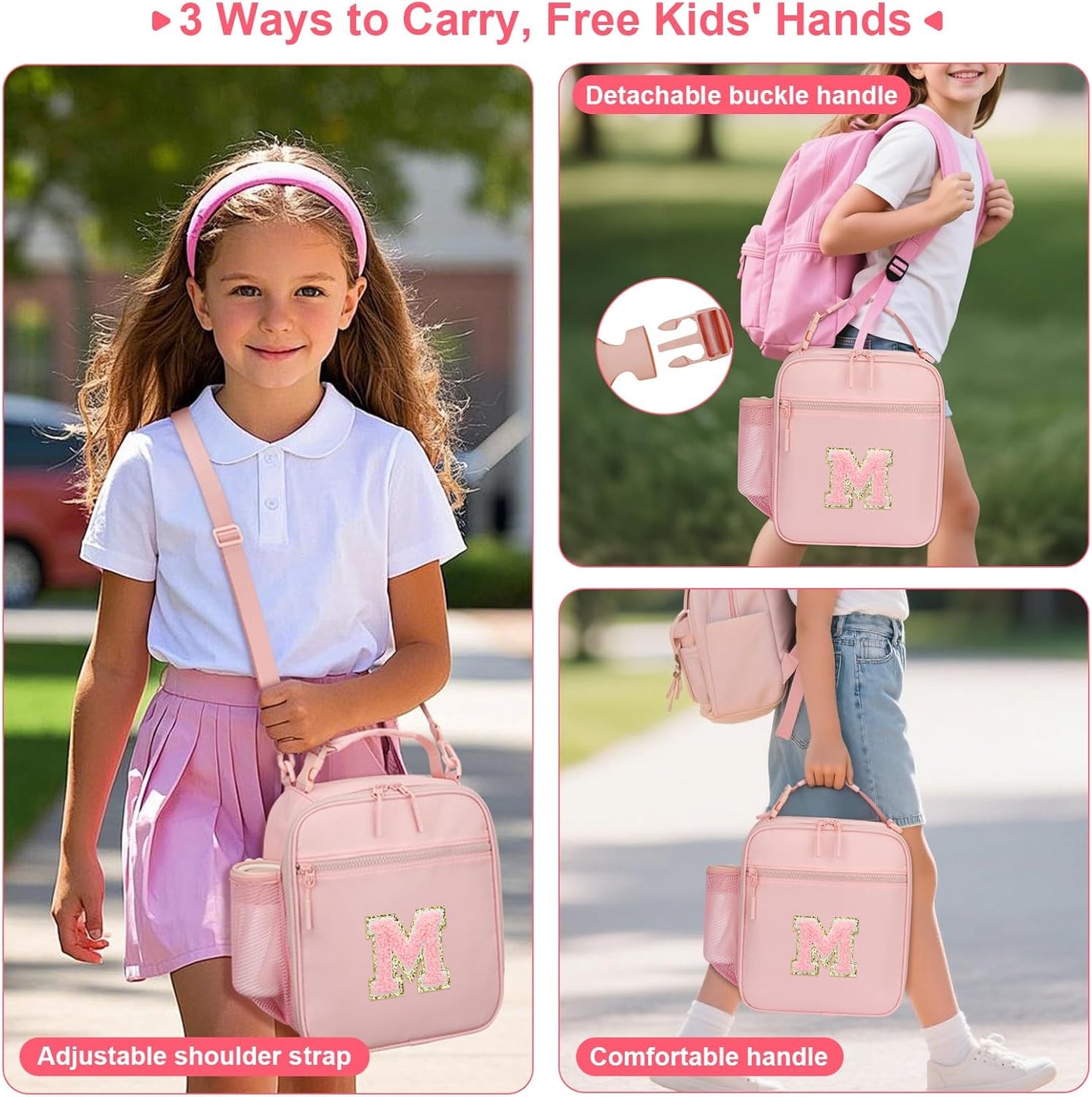 Initial Insulated Lunch Bag for Girls Kids, Back to School Gift, Reusable Leak-proof Lunch Box with Adjustable Strap for School Daycare Travel Picnic (Pink,M)