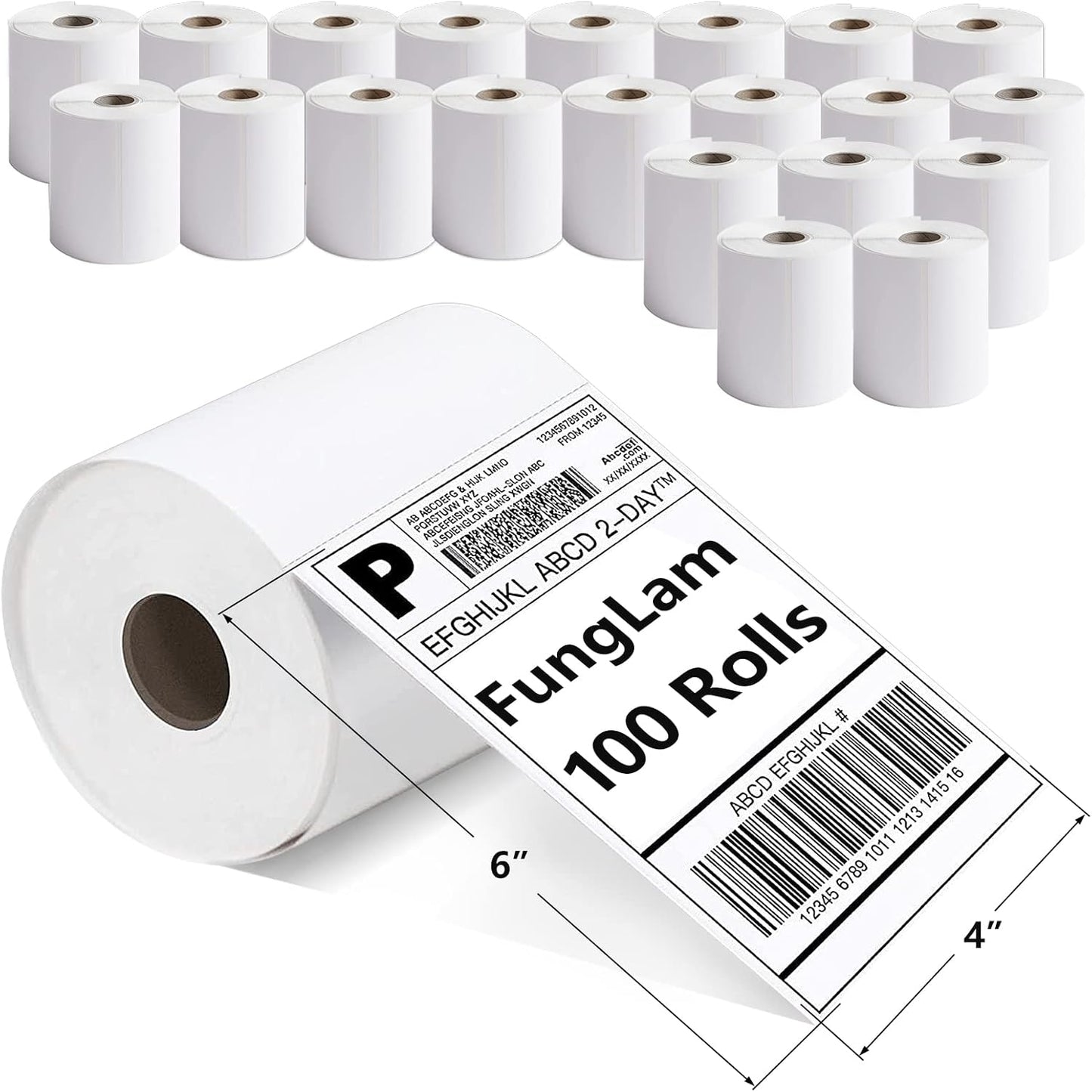 FungLam 100 Rolls 4x6 Direct Thermal Shipping Labels, 250 Labels Per Roll, 1" Core, Perforated, White Mailing Postage Shipping Label Compatible with Zebra 2844 ZP-450 ZP-500 ZP-505