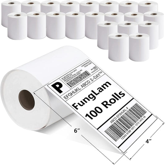 FungLam 100 Rolls 4x6 Direct Thermal Shipping Labels, 250 Labels Per Roll, 1" Core, Perforated, White Mailing Postage Shipping Label Compatible with Zebra 2844 ZP-450 ZP-500 ZP-505