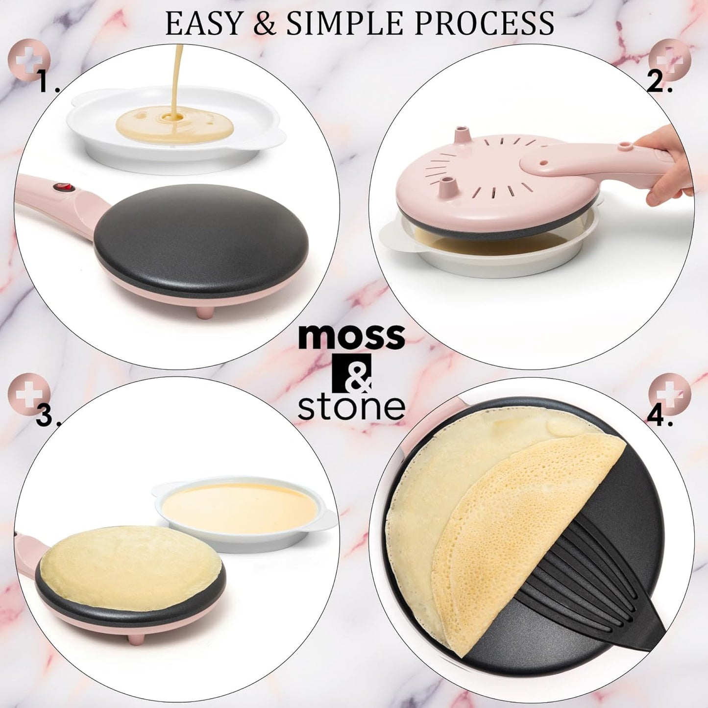 Moss & Stone Pink Electric Crepe Maker 8 Inch, Portable Crepe Maker & Hot Plate Cooktop On/Off Switch, Nonstick Coating, Automatic Temperature Control, Easy To Use For Pancakes, Blintz