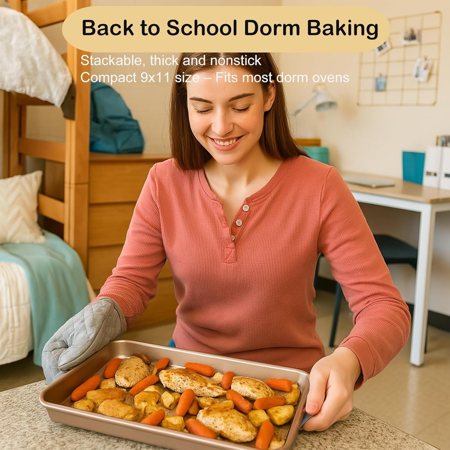 Baking Sheet Tray 9 x 11 Inch Cookie Sheet Nonstick, 2-Pack Heavy Duty Small Baking Pans, Carbon Steel, Gold - Bakeware Sets for Cookies, Roasting, Oven Safe, Easy to Clean