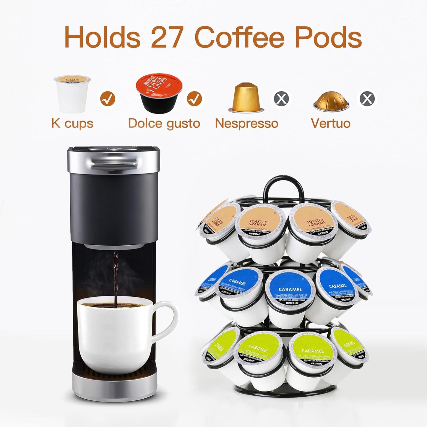 K Cup Holder, Coffee Pod Holder for Keurig, Coffee Pod Storage Organizer for K-cups, Compatible with Keurig Pods and Dolce Gusto, Holds 27 Pods, 360-Degrees Rotating -Black
