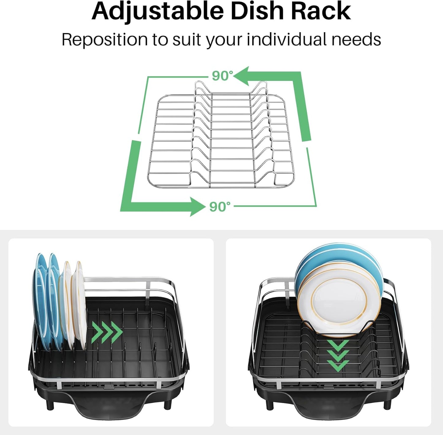 SNTD Dish Drying Rack, Expandable Dish Rack for Kitchen Counter, Stainless Steel Dish Drainer with Drainboard Set and Utensil Holder (Black)