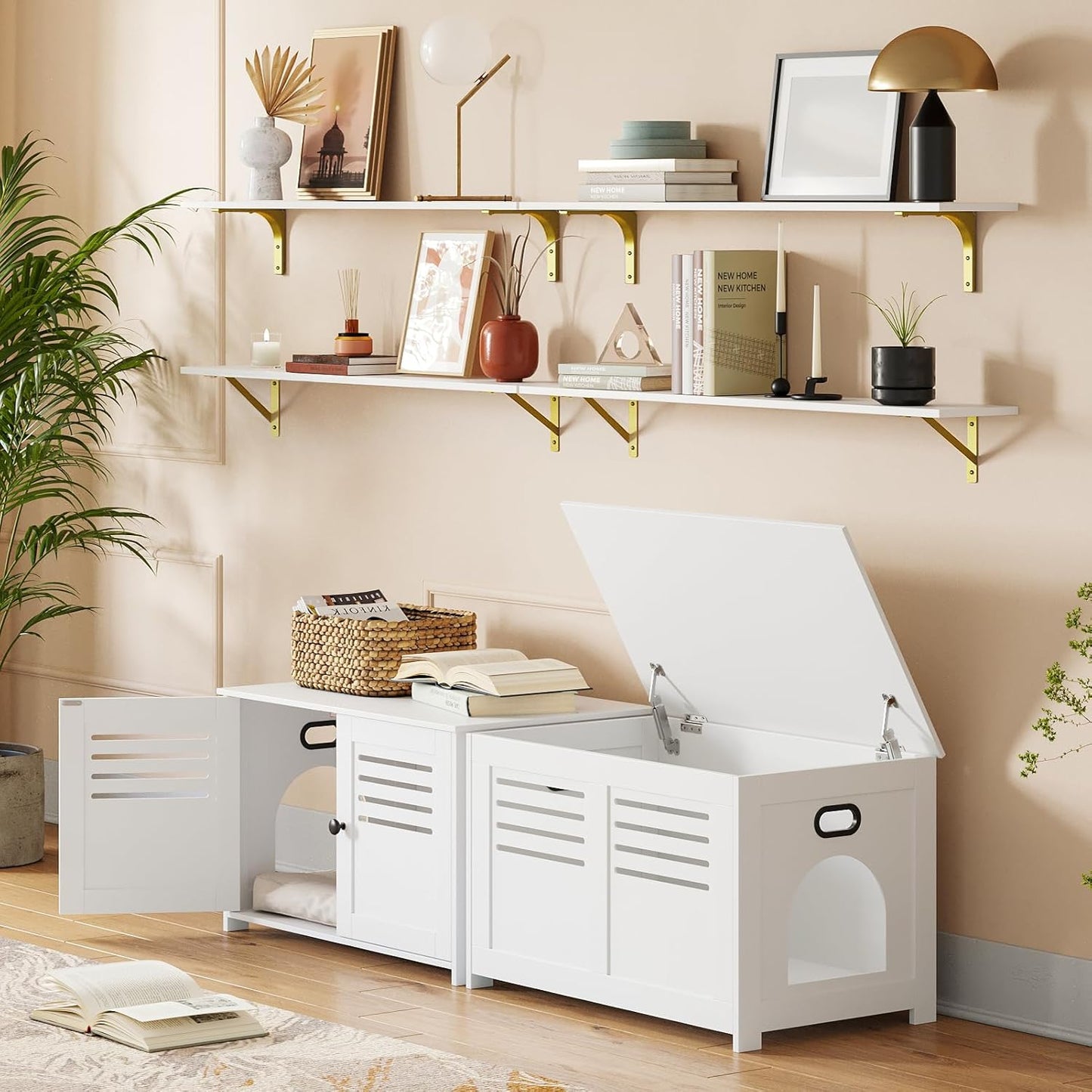 DINZI LVJ Long Wall Shelves, Set of 4, 39.4Inch Wall Mounted Shelves, Floating Shelves for Wall Storage with Metal Brackets, for Living Room, Bathroom, Bedroom, Kitchen, White and Gold