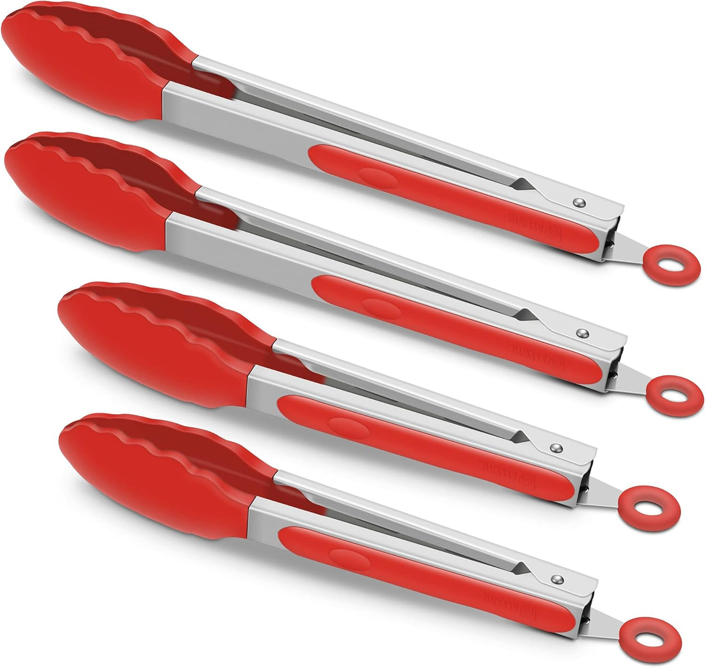 4 Pack Red Kitchen Tongs, Premium Silicone BPA Free Non-Stick Stainless Steel BBQ Cooking Grilling Locking Food Tongs, 9-Inch & 12-Inch