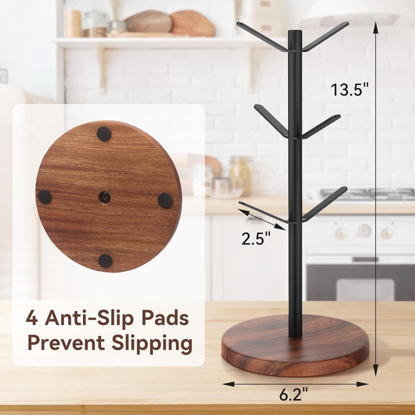 Coffee Mug Tree Holder Countertop, Non-Slip Walnut Wood Mug Rack with 6 Hooks, Coffee Cup Rack for Home Storage and Organizer (Brown)