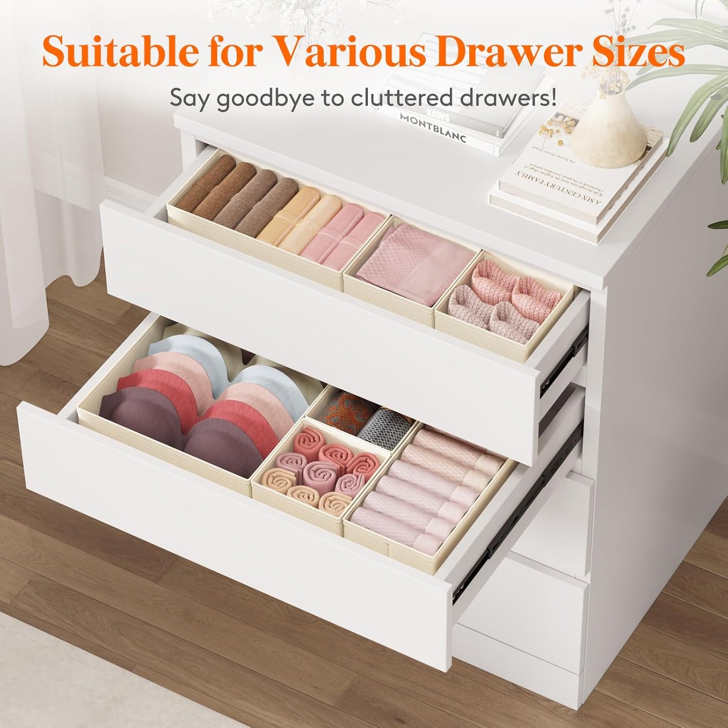 Lifewit 24 Pack Drawer Organizer, Dresser Underwear Drawer Organizer Bins, Foldable Fabric Closet Organizers, Storage Drawer Dividers, Dorm Room Essentials for Clothing, Socks, Towels, Ties Khaki