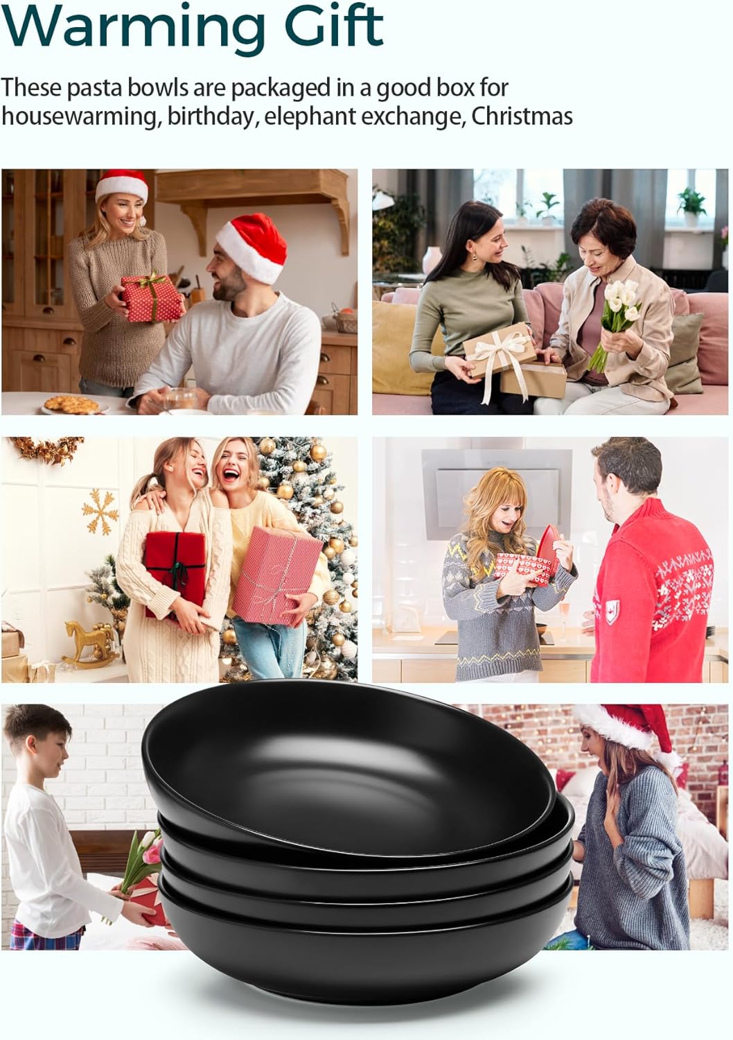 Teocera Matte Black Pasta Bowls Set of 4-35oz Large Oversized Porcelain Bowls for Spaghetti & Salad | Heat-Resistant, Chip-Resistant, Microwave & Dishwasher Safe | Smooth Non-Porous Surface