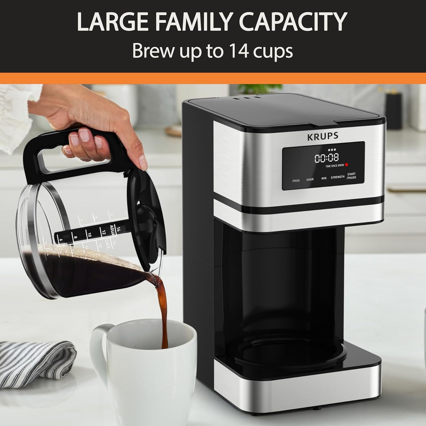 KRUPS Simply Brew: Stainless Steel and Glass Carafe 14 Cup Drip Coffee Maker, Programmable with Digital Display, Dishwasher Safe, Drip Free Coffee Machine, Black and Silver
