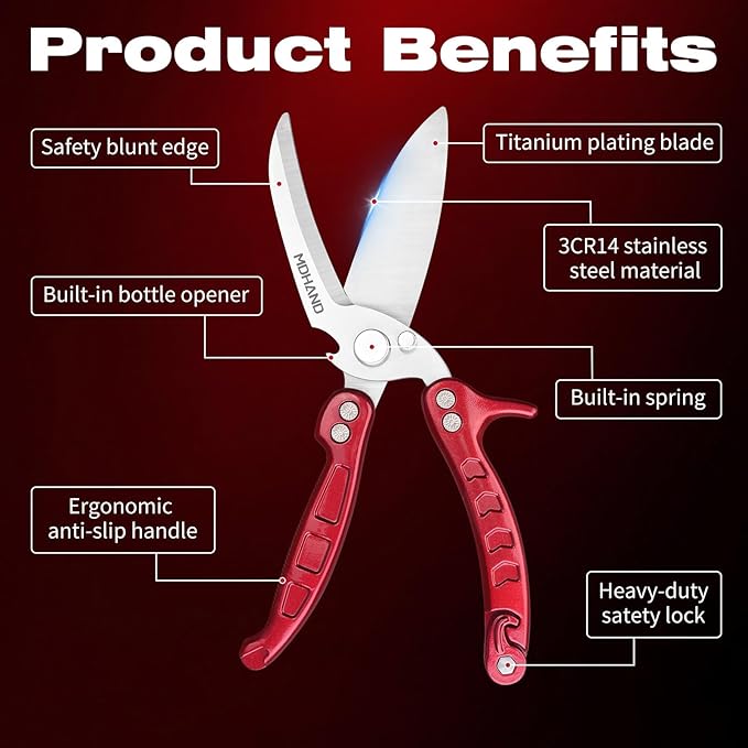 MDHAND Kitchen Shears - Heavy Duty Poultry Shears for Chicken Turkey Fish Fruit Vegetables and Meat Cutting - Stainless Steel Dishwasher Safe Food Kitchen Scissors with Anti-Slip Handle & Safety Lock