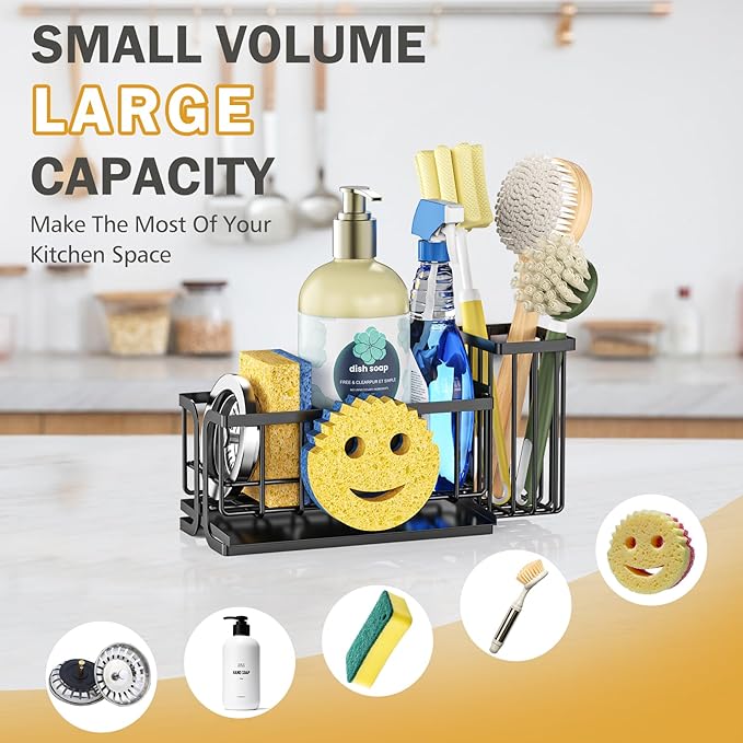 Epicano Sink Caddy Sponge Holder, Smiley Face Sponge Rack with High Brush Holder,Rustproof Kitchen Countertop Organizer,Kitchen Gadgets Sink Accessories, 7.6" x 6.3" x 4.1", Black