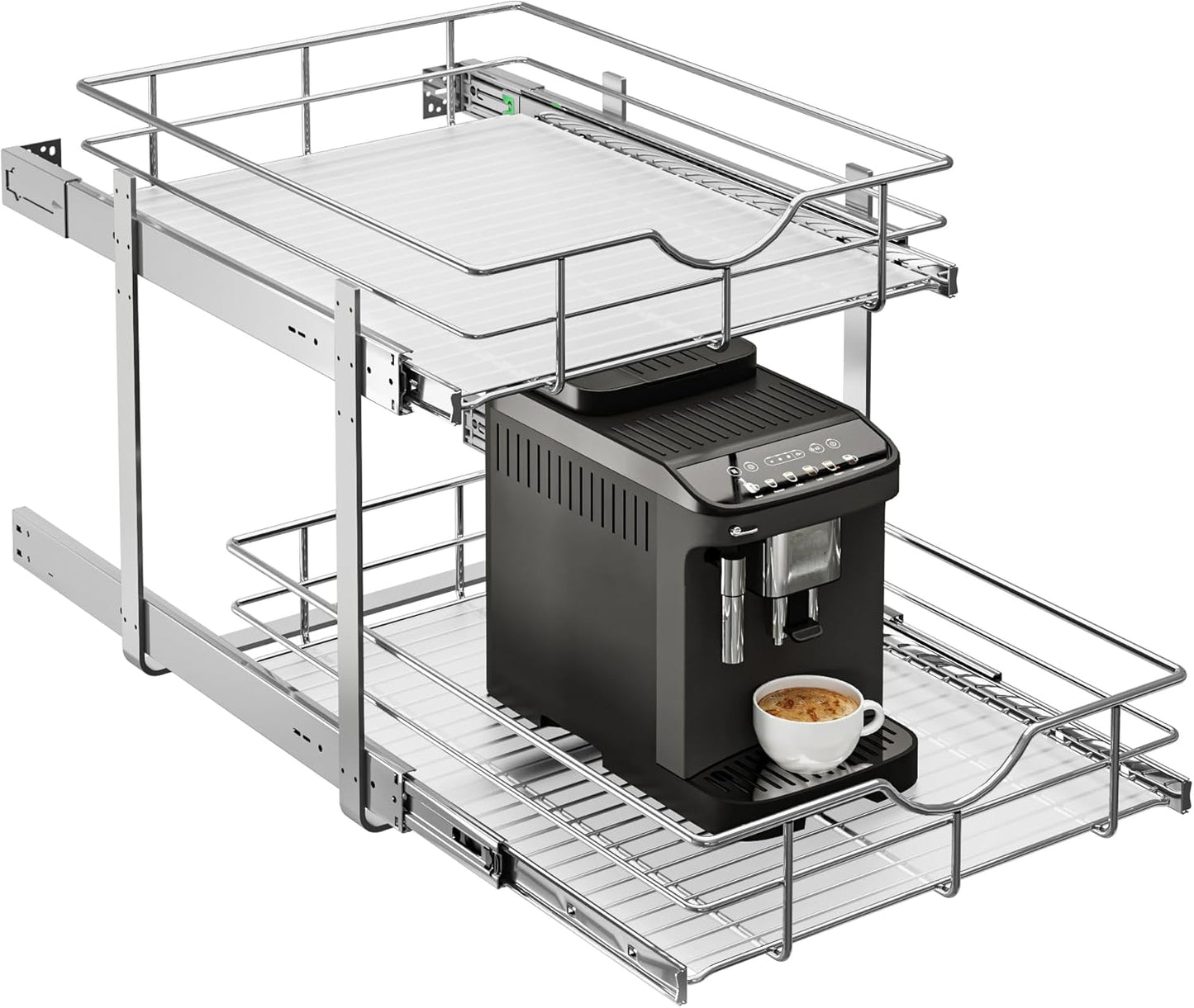 WelFurGeer 2-Tier Stainless Steel Pull Out Cabinet Organizer, Soft Close Damping Slides, Heavy Duty Chrome Plated Wire Basket with Shelf Liner, Perfect for Kitchen Cabinets, Pantry Storage, Under Sink