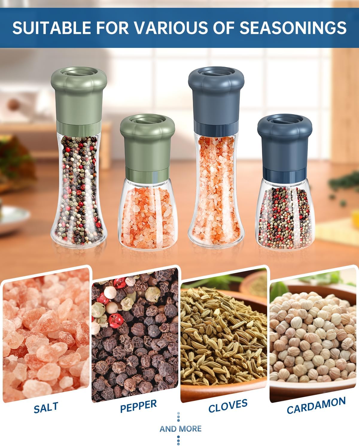 CIRCLE JOY Manual Salt and Pepper Grinder Set For Professional Chef, Refillable Salt and Pepper Shakers with Ceramic Blades, Adjustable Coarseness and BPA-free 180ml Glass Container, Short Blue