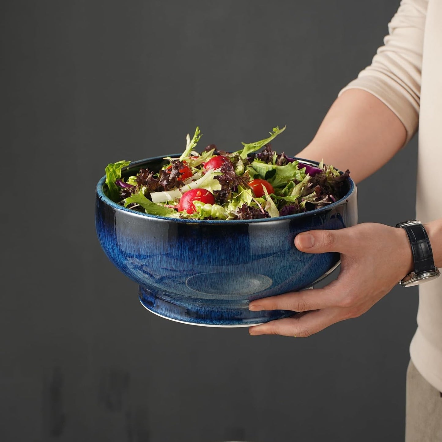 Extra Large Salad Bowl,Decorative Fruit Bowl,Kitchen Ceramic Bowl for Fruit & Salad,120 oz Footed Serving Bowl for Entertaining (starry blue)