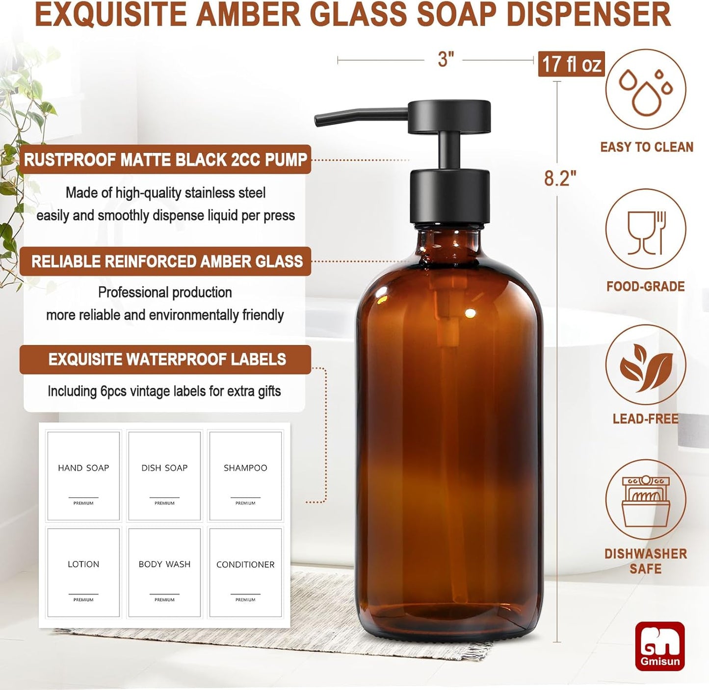 GMISUN Amber Glass Soap Dispenser, 4 Pack Bathroom Hand Soap Dispensers with Stainless Steel Flat Pump, 17 Fl Oz Kitchen Dish Soap Dispenser, Modern Vintage Liquid Brown Soap Dispensers Bottle Set
