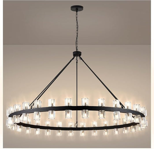 60 Inch Black Wagon Wheel Chandelier with Crystal Shade, 60 Lights, Modern Farmhouse Style, Ideal for Dining Room, Kitchen, Entryways