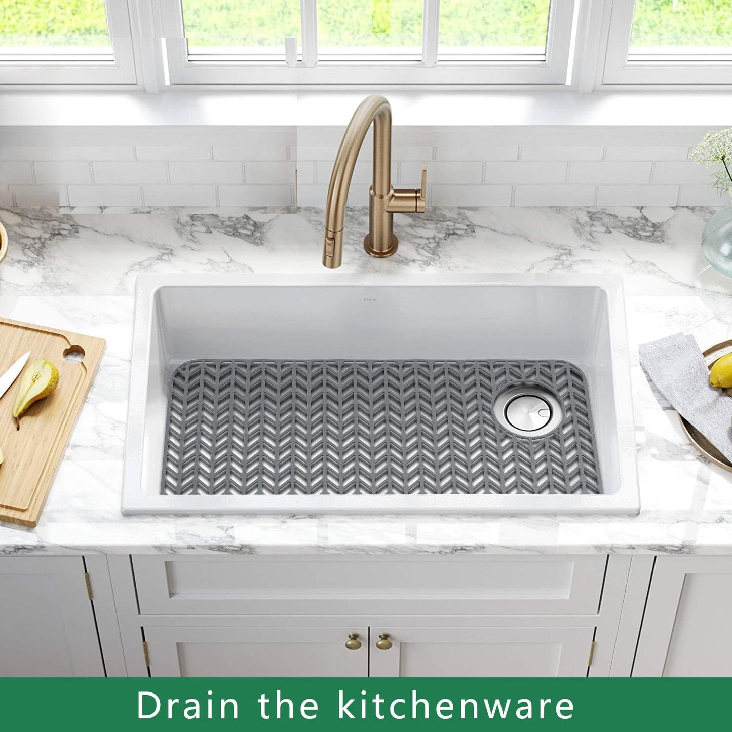 GUUKIN Sink Protectors for Kitchen Sink - 28.6"x 14.5" Silicone Kitchen Sink Mat Grid for Bottom of Farmhouse Stainless Steel Porcelain Sink with Right & Left Drain（Grey）, 2814R